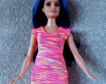 Dress fits Curvy Barbie fashionista fashion doll clothes coral-yellow-purple stripe print A4B195
