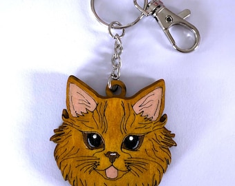 Hand Painted Wooden Cat Keychain: Golden Cat Charm
