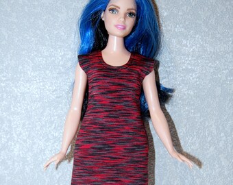 Dress fits Curvy Barbie fashionista fashion doll clothes Red-Black Stripe A4B186