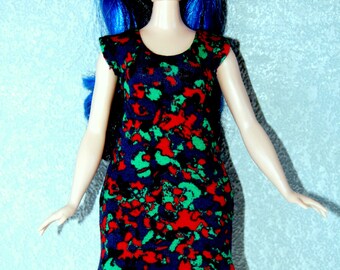 Dress fits Curvy Barbie fashionista fashion doll clothes blue-green-red marble print A4B190