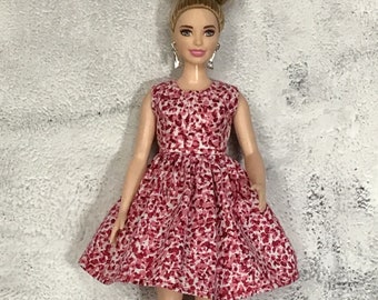 Dress fits Curvy fashionista fashion doll clothes Pink splatter dots cotton print fabric  A4B384 Ready to ship rts