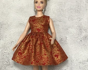 Dress fits Curvy fashionista fashion doll clothes Red metallic gold cotton print fabric  A4B386 Ready to ship rts