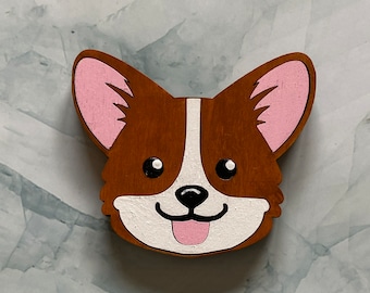 Corgi Dog magnet - wooden hand painted puppy face refrigerator magnet