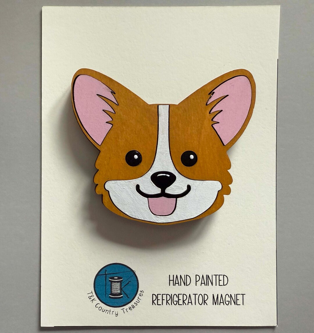Corgi Dog Magnet - Wooden Hand Painted Puppy Face Refrigerator Magnet ...