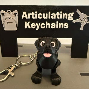 May include: Black articulated dog keychain with a pink tongue. The keychain is attached to a silver key ring. The keychain is displayed on a black sign with the text "Articulating Keychains".