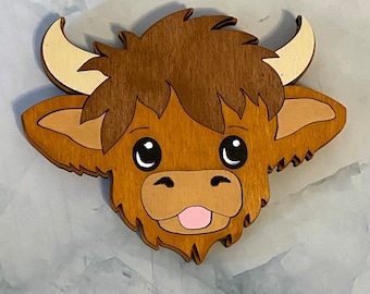 Highland Cow magnet - wooden hand painted cute cow face refrigerator magnet minimalist home decor