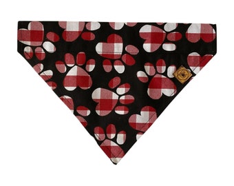 Dog or Cat Bandana - Over the Collar style- Dog Accessory - Cat accessory Red Plaid paw hearts