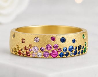 14K Gold Multi Birthstone Ring Round Cut Rainbow Gemstone Wide Band Ring Matte Finish Flush Set Wedding Band Personalized Family Ring