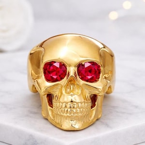 14K Solid Gold Skull Ring with Ruby Eyes – Gothic Statement Jewelry
