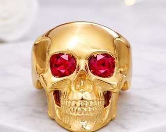 14K Solid Gold Skull Ring with Ruby Eyes – Gothic Statement Jewelry