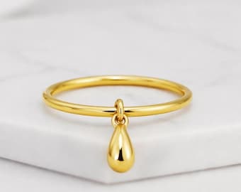 14K Gold Teardrop Dangle Ring Minimalist Charm Ring Dainty Gold Band Drop Dangle Ring Gift for Her Everyday Jewelry Stacking Ring