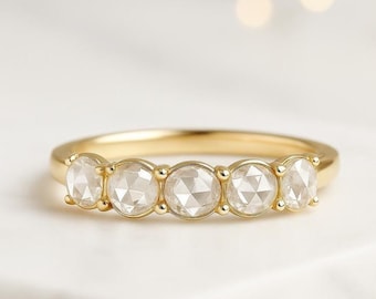 Rose Cut Lab Grown Diamond Wedding Band 14K Gold Half Eternity Ring