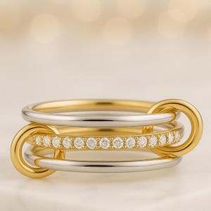 Round Moissanite Interlocking Ring, Triple Link Stacking Ring, Two Tone Gold Band, Pavé Buckle Style Ring, Modern Wedding Jewelry