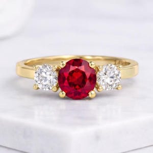 Round Cut Ruby Engagement Ring with Moissanite Side Stones 14K Yellow Gold Three Stone Ring July Birthstone Ring Birthday Gift For Her