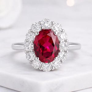 18K Solid Gold Oval Ruby Engagement Ring with Moissanite Halo, Anniversary Gift for Her