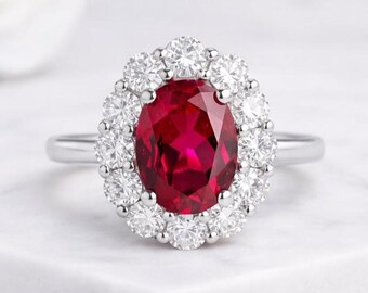 18K Solid Gold Oval Ruby Engagement Ring with Moissanite Halo, Anniversary Gift for Her