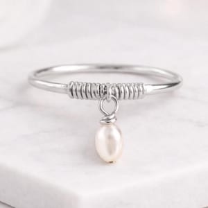 14K Gold Pearl Dangle Ring Minimalist Pearl Charm Ring Dainty Minimalist Gold Wire Wrap Ring June Birthstone Ring
