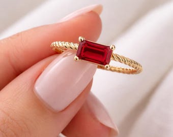 14K Gold Baguette Ruby Ring Minimalist Twisted Stacking Band July Birthstone Promise Ring for Women