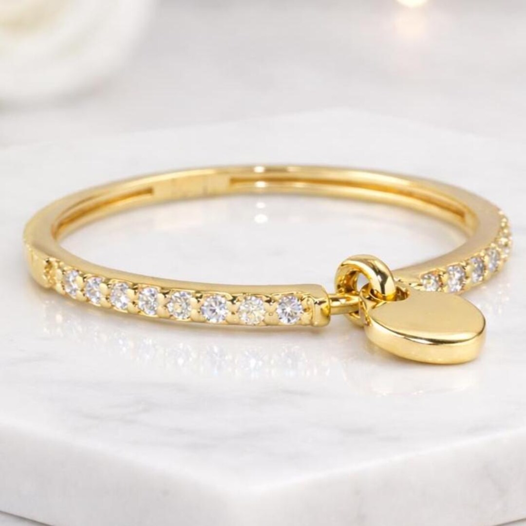 Round Cut Diamond With Gold Heart Charm Ring Gold Dangle Ring Pave Band ...
