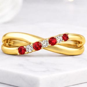 Round Cut Ruby and Diamond Infinity Ring 14K Solid Gold Twisted Band Half Eternity Wedding Ring Red Gemstone Anniversary Gift for Women