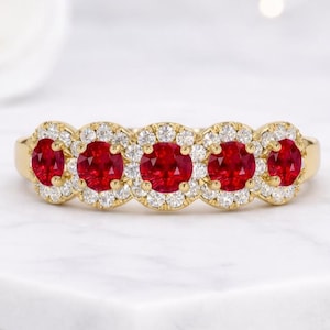 14K Gold Ruby Diamond Halo Wedding Band – July Birthstone Anniversary Ring