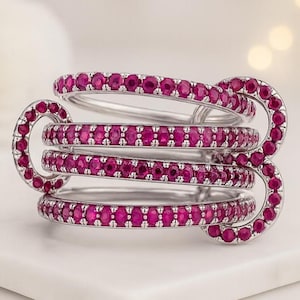 14K Gold Ruby Multi Link Ring Round Cut Ruby Statement Ring July Birthstone Ring Modern Ruby Band for Women Birthday Gift