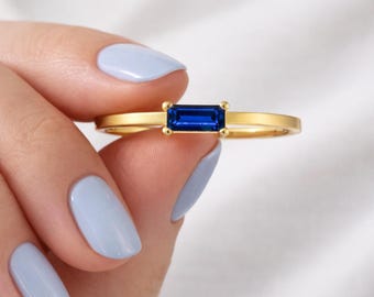 14K Gold Baguette Blue Sapphire Ring Minimalist Dainty Statement Ring September Birthstone Promise Ring for Women