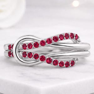 Round Cut Ruby Gemstone Infinity Twist Ring 14K Solid Gold Pave Red Birthstone Ring Anniversary Gift for Her Minimalist Statement Ring