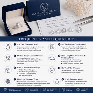 CustomByLuxurian jewelry FAQ graphic featuring a lab-grown diamond ring, jewelry box, loose diamonds and a certificate of authenticity. The guide answers questions about real lab-grown diamonds, available IGI, GIA and SGL certifications, custom orders, production and shipping times, returns and restocking fees, warranty coverage, tariffs and taxes, and secure Etsy payments. It provides customers with information about diamonds, certification, customization, shipping, returns and purchasing.