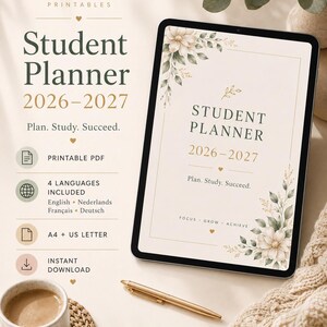 Op de afbeelding: Een digitale tablet met een studentenplanner voor 2026-2027 met bloemaccenten en de tekst Feyora Printables, Student Planner, 2026-2027, Plan. Study. Succeed., Focus. Grow. Achieve. Het scherm toont een printbare PDF in vier talen.