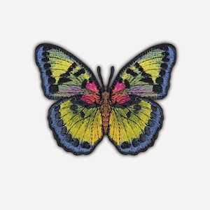 Pode incluir: Um emblema bordado de borboleta com uma paleta de cores vibrantes em fios amarelos, azuis, rosas e roxos. As asas exibem detalhes pretos intrincados ao longo das bordas e padrões internos, com um corpo central marrom e duas antenas.