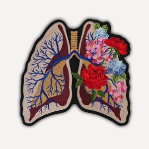 Realistic anatomical human heart lungs Embroidered Iron On Patch, Applique with flowers hydrangea rose
