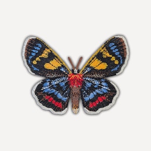 Pode incluir: Um emblema bordado de borboleta com um design simétrico em fio preto, amarelo, azul e vermelho. As asas exibem padrões intrincados com uma borda branca, enquanto o corpo central é castanho com um detalhe vermelho vivo perto da cabeça.