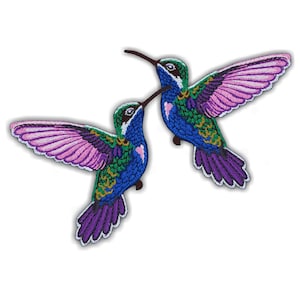 Könnte beinhalten: Zwei gestickte Kolibri-Patches. Die Vögel haben blaue Körper, grüne Köpfe und lila Flügel mit rosa Akzenten. Die Patches sind mit goldenen und weißen Nähten versehen und haben einen weißen Rand.