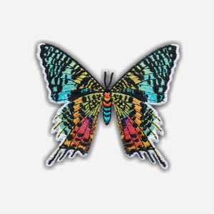 May include: An embroidered butterfly patch featuring a vibrant color palette of turquoise, yellow, orange, and pink. The wings display intricate black vein patterns and a white stitched border, with a central body showing blue and orange segments.