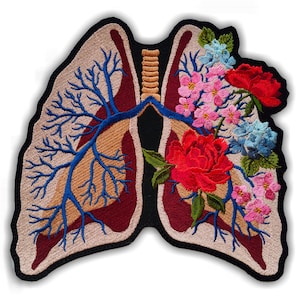 Realistic anatomical human heart lungs Embroidered Iron On Patch, Applique with flowers hydrangea rose