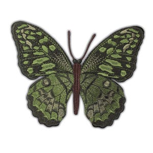 May include: Embroidered butterfly patch featuring shades of green and black. The butterfly has detailed wing patterns and a brown body and antennae. This patch can be ironed on or sewn onto clothing or accessories.