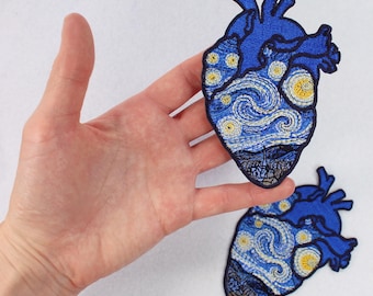 Broderad stryklapp med hjärta och stjärnklar natt, Van Gogh-applikation