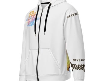 May include: White zip-up hoodie with black drawstrings and a hood. The left chest features the text "Fly High" in colorful lettering. The right sleeve has the text "Wear You" and "Joy Raw" in a brown font.