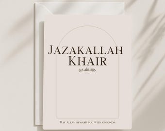 Tarjeta Jazakallah Khair, diseño árabe neutro, saludo islámico de agradecimiento