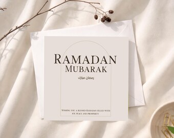 Tarjeta de Ramadán Mubarak, saludo islámico, deseos musulmanes de Ramadán