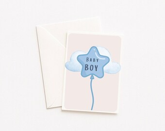 Tarjeta de felicitación para bebé niño, diseño de globo con estrella azul, felicitación por el nacimiento del bebé