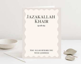 Tarjeta Jazakallah Khair, diseño árabe neutro, saludo islámico de agradecimiento