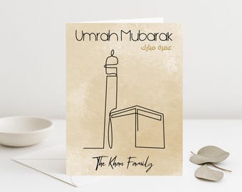 Tarjeta de Umrah Mubarak, ilustración de la Kaaba, regalo personalizado