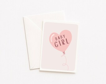 Tarjeta para bebé niña, diseño de globo con corazón rosa, felicitación por el nacimiento de la bebé