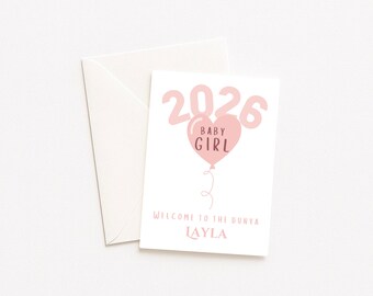 Tarjeta de bebé niña islámica/musulmana recién nacida/recuerdo con nombre personalizado