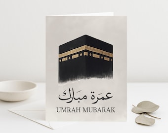 Tarjeta de felicitación Umrah Mubarak, diseño de la Kaaba, saludo islámico