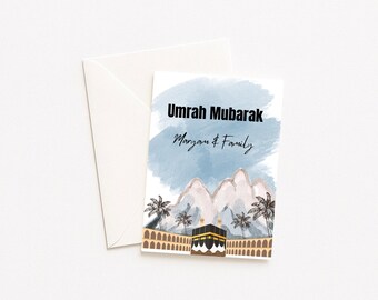 Tarjeta Umrah Mubarak, diseño de la Kaaba, saludo islámico personalizado