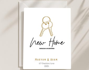 Tarjeta islámica para casa nueva, diseño minimalista de llave, saludo islámico de inauguración de la casa