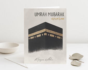 Tarjeta de Umrah Mubarak, diseño de la Kaaba, tarjeta de felicitación islámica personalizada